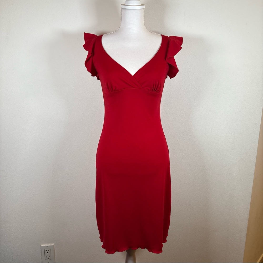 Vintage 90s red ruffle-sleeve v-neck midi dress